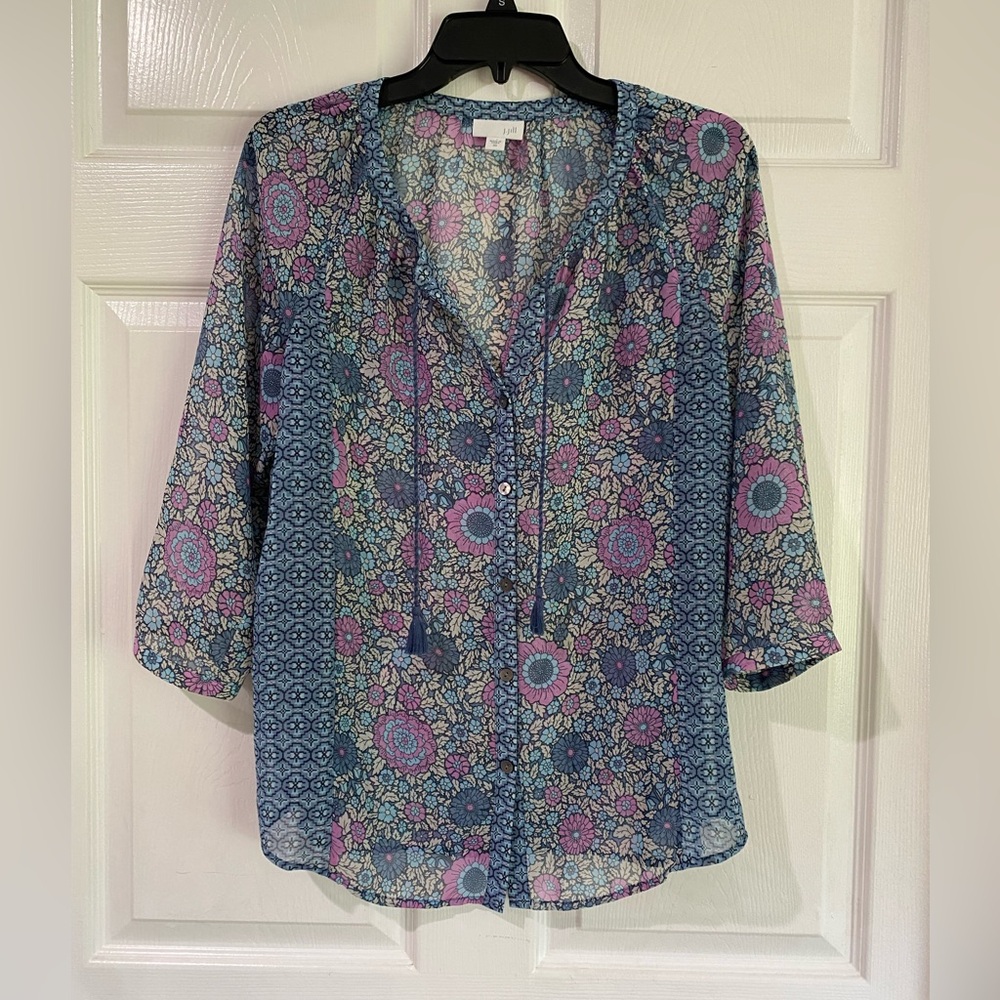 J Jill Women’s Size XS Blue Floral Sheer Peasant Blouse 3/4 Sleeve Button Up